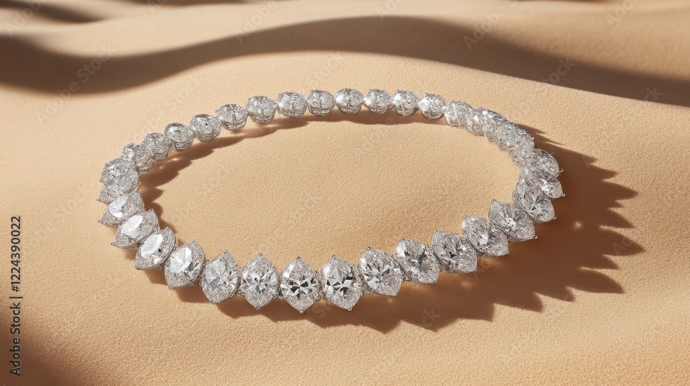 A radiant diamond necklace displayed on a subtle sand-colored background for an earthy feel A radiant diamond necklace displayed on a subtle sand-colored background for an earthy feel