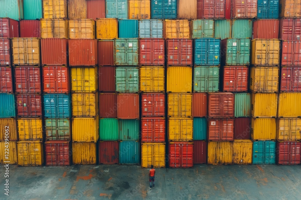 Fototapeta premium Worker Observing Stacked Colorful Shipping Containers