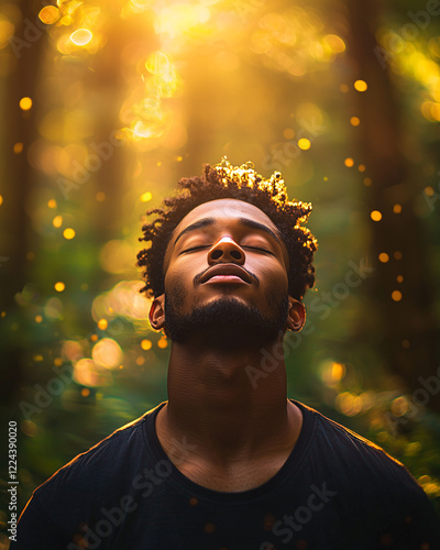 A young man with closed eyes tilts his head back, enjoying nature’s tranquility, surrounded by golden sunlight and a dreamy forest background.  
 photo