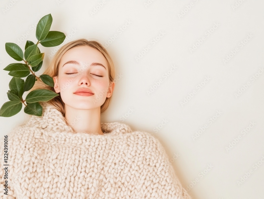 Tranquil Minimalist Rest Young Woman with Knit Blanket and Houseplant - Modern Wellness Lifestyle Content for Relaxation and Inner Peace Campaigns Tranquil Minimalist Rest Young Woman with Knit Blanket and Houseplant - Modern Wellness Lifestyle Content for Relaxation and Inner Peace Campaigns