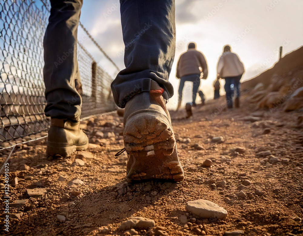A man in boots walks along a rocky road along a fence. The concept of illegal immigration. A man in boots walks along a rocky road along a fence. The concept of illegal immigration.