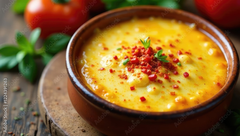 Aqueous cheese mixture in a stoneware dish garnished with chili flakes, creamy, spicy Aqueous cheese mixture in a stoneware dish garnished with chili flakes, creamy, spicy