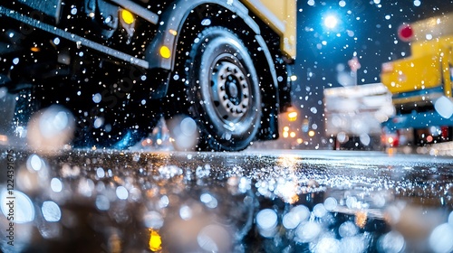 Heavy Truck Driving on a Rainy Street with Reflections at Night
