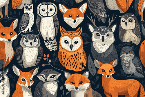 Colorful collage of woodland animals including foxes and owls set against a dark background photo