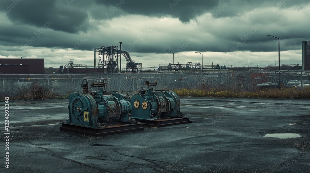 Fototapeta premium Industrial generators placed outdoors against a cloudy, dramatic sky.