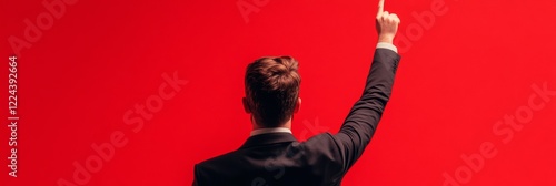 Vibrant Leadership Imagery Professional Speaker Engaging Audience Against Bold Red Background - Business Inspiration and Modern Motivational Design photo