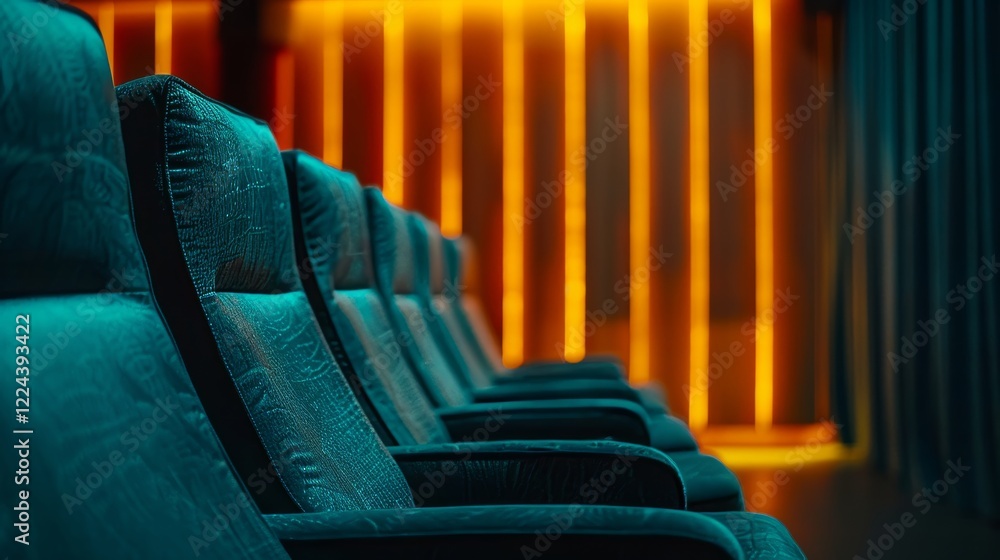 Obraz premium Empty movie theater interior with blue seats and dim lighting for an unforgettable experience