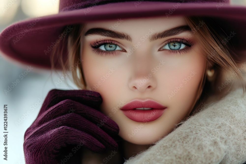 Fashion model wearing burgundy hat and gloves posing in winter Fashion model wearing burgundy hat and gloves posing in winter