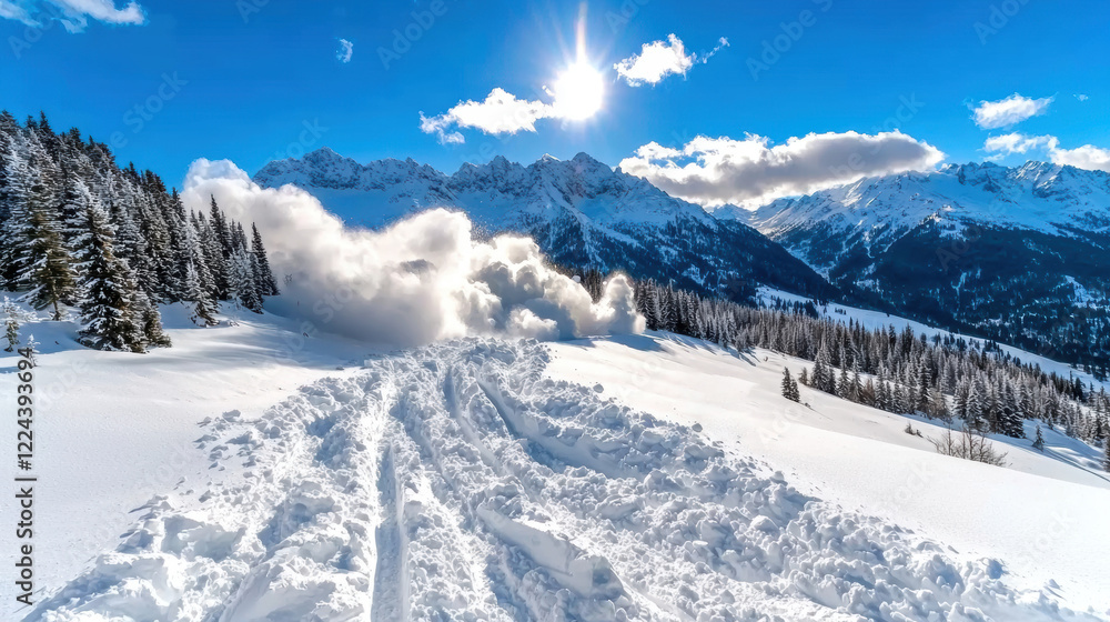 Snowy landscape with dramatic avalanche, frosted pine trees, and bright sun illuminating mountains. breathtaking winter scene showcasing nature power and beauty Snowy landscape with dramatic avalanche, frosted pine trees, and bright sun illuminating mountains. breathtaking winter scene showcasing nature power and beauty
