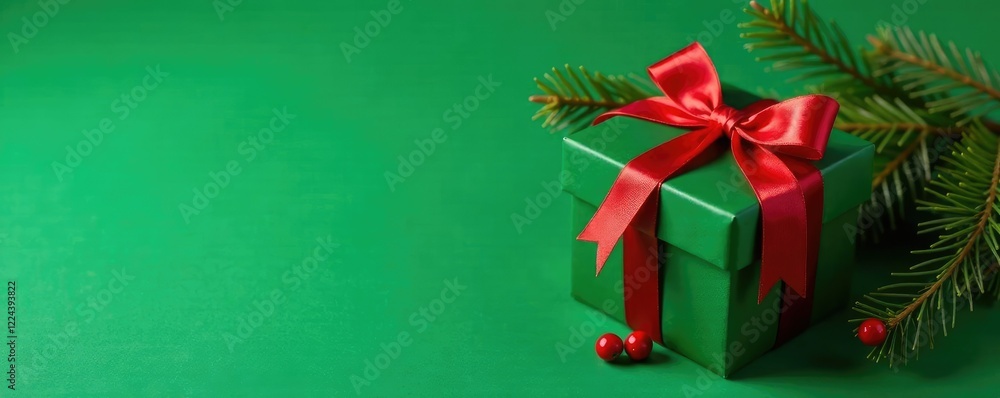 Fototapeta premium Gift box with fir branches and berries on a green background, christmas, winter, green background