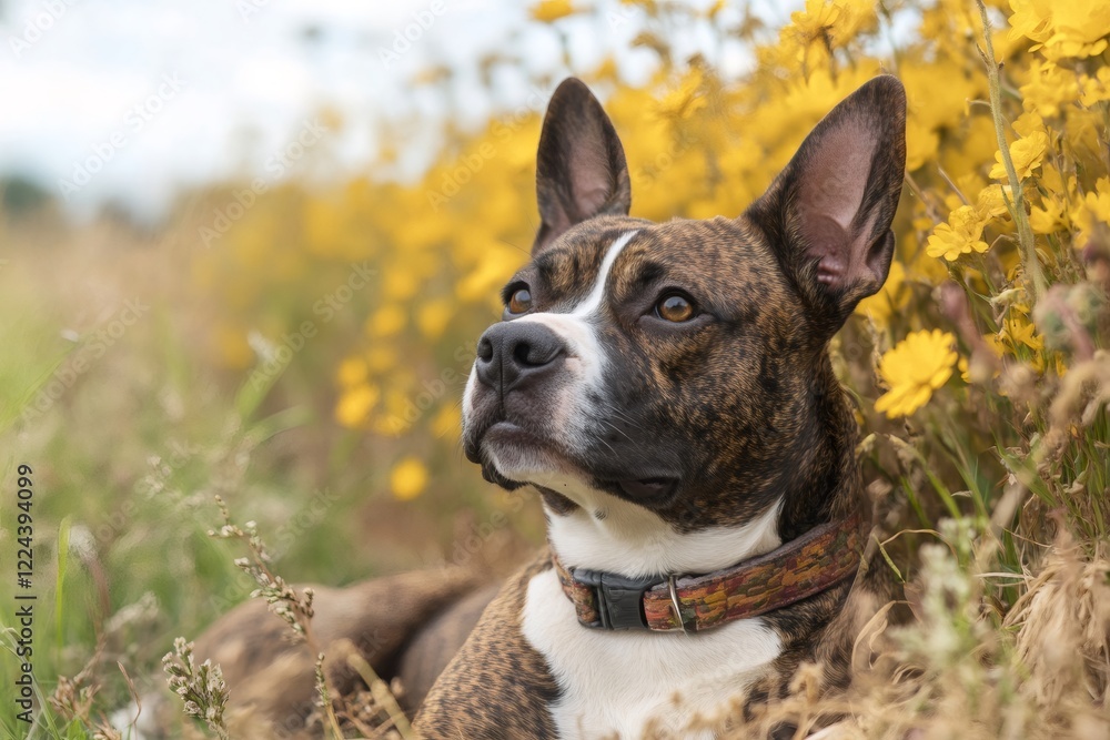 Brindle and white dog lying in field of yellow flowers
