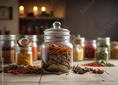 glass jar filled with a variety of colorful spices, cultivated spices, herb blends photo