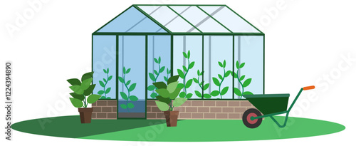 Greenhouse, wheelbarrow and potted plant. Flat design Vector Illustration