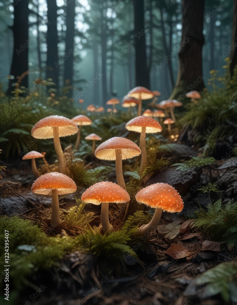 Glowing mushrooms grow in clusters on the forest floor, soft illumination, woodland ecosystem, natural abundance Glowing mushrooms grow in clusters on the forest floor, soft illumination, woodland ecosystem, natural abundance