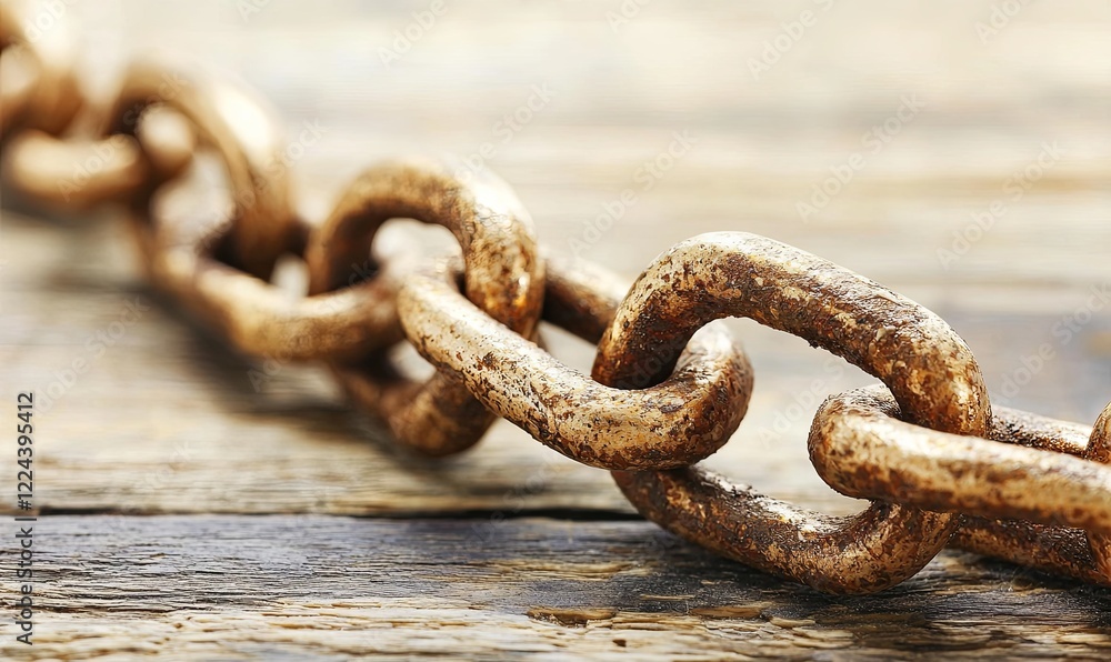 Rusty metal chain on wooden surface, close-up for industrial or security concepts Rusty metal chain on wooden surface, close-up for industrial or security concepts