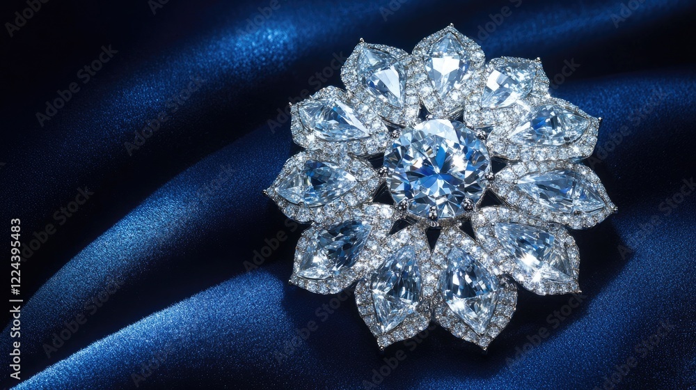 A luxury diamond brooch illuminated by soft lighting against a velvet background A luxury diamond brooch illuminated by soft lighting against a velvet background
