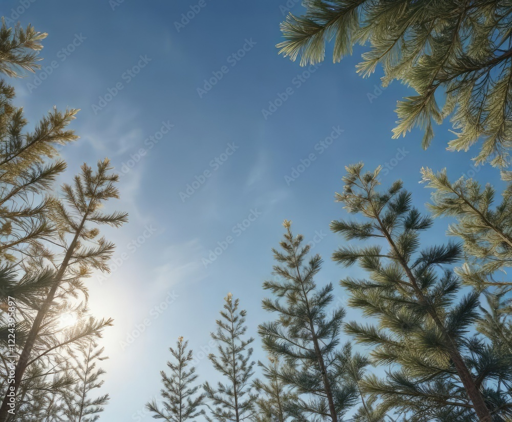 Obraz premium Gold star accents against a soft blue background with long pine branches stretching towards the sky, conveying a sense of freedom , natural elements, airy decor, blue background
