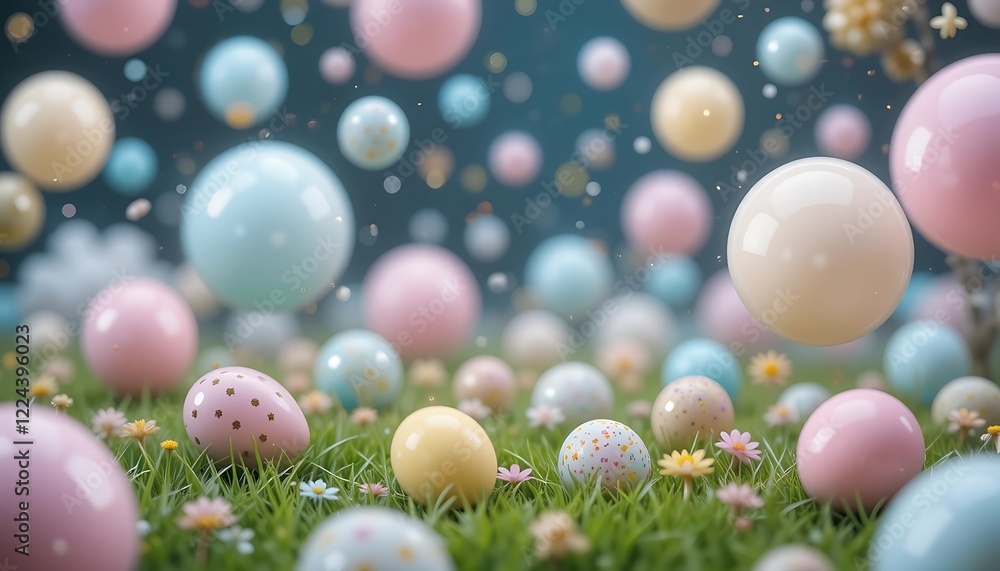 Pastel Easter Eggs Floating In Grassy Field Pastel Easter Eggs Floating In Grassy Field