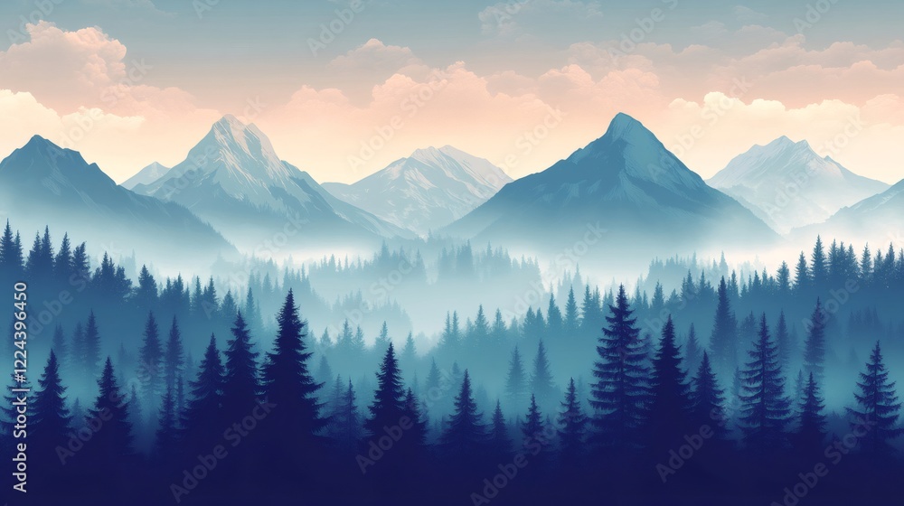 Obraz premium Majestic mountain range emerging from a misty coniferous forest at dawn
