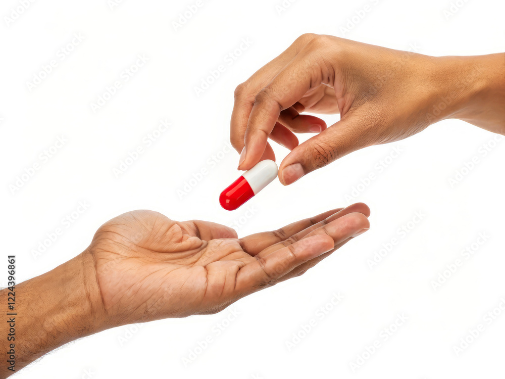 Hand Giving Red and White Capsule to Another Hand on Isolated White Background Hand Giving Red and White Capsule to Another Hand on Isolated White Background