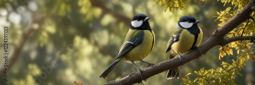 Graceful great tit perched on a branch against an oak tree backdrop, parus major, nature, branch, great tit