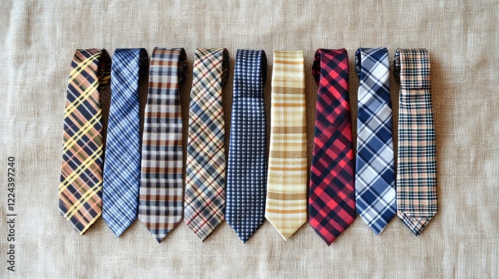 Obraz premium A set of neckties with a mix of checks and stripes arranged artfully on a soft surface