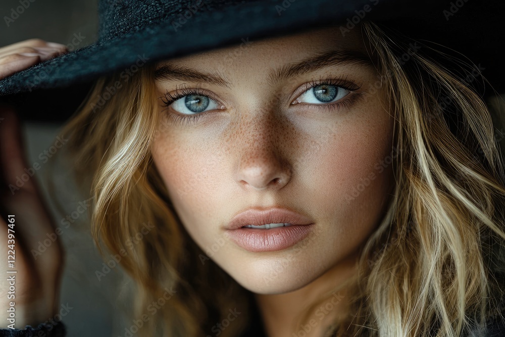 Fashion model with freckles holding wide brimmed hat and looking intensely Fashion model with freckles holding wide brimmed hat and looking intensely