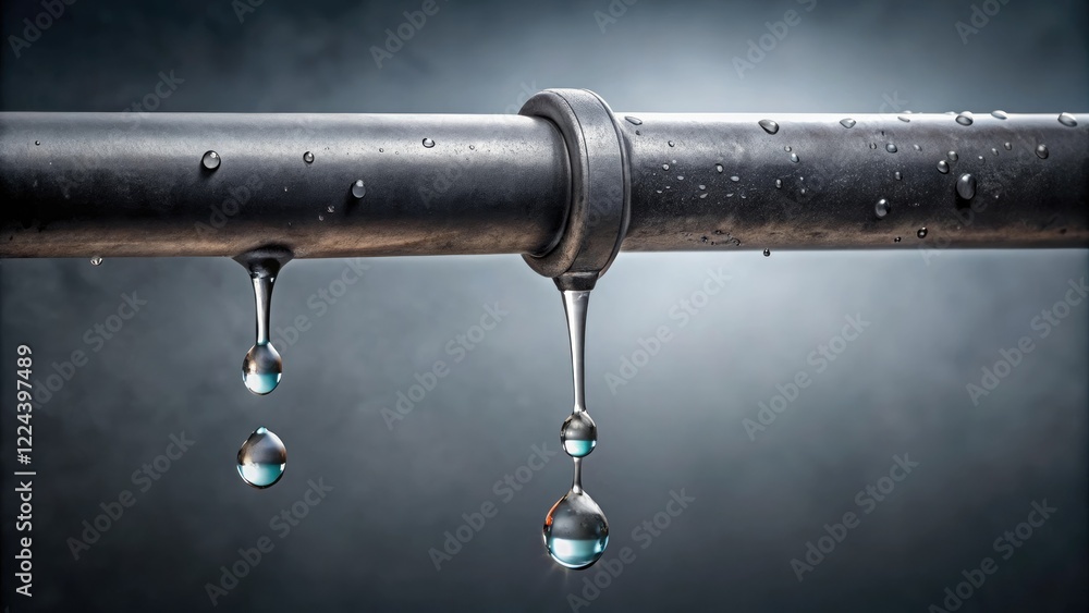 Fototapeta premium Gray misty water droplets hanging from a dark metal pipe, background, misty, metal, industrial