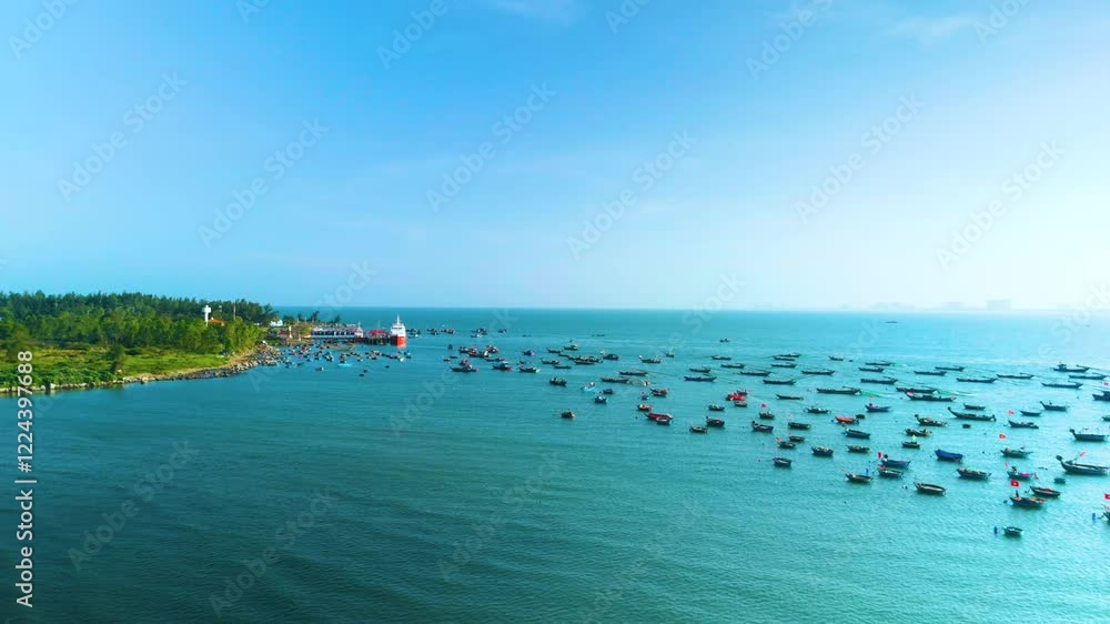 Fishing boats floating in calm blue waters near verdant coastline, distant lighthouse standing sentinel over serene maritime landscape Fishing boats floating in calm blue waters near verdant coastline, distant lighthouse standing sentinel over serene maritime landscape