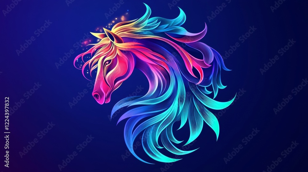 Fototapeta premium Colorful abstract unicorn head design with flowing mane and vibrant colors on a dark background