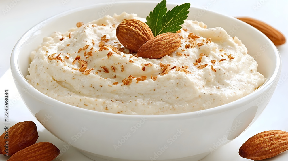 Creamy almond dip garnished with mint leaves, showcasing a rich texture and topped with whole almonds, perfect for snacks or dessert Creamy almond dip garnished with mint leaves, showcasing a rich texture and topped with whole almonds, perfect for snacks or dessert