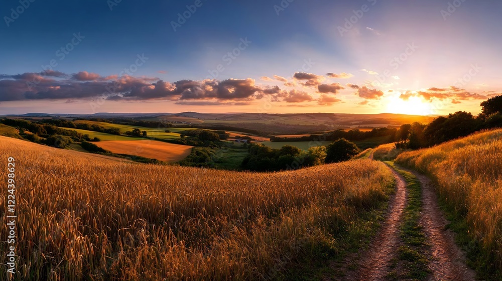 Fototapeta premium Golden Hour Countryside: A Serene Sunset Landscape