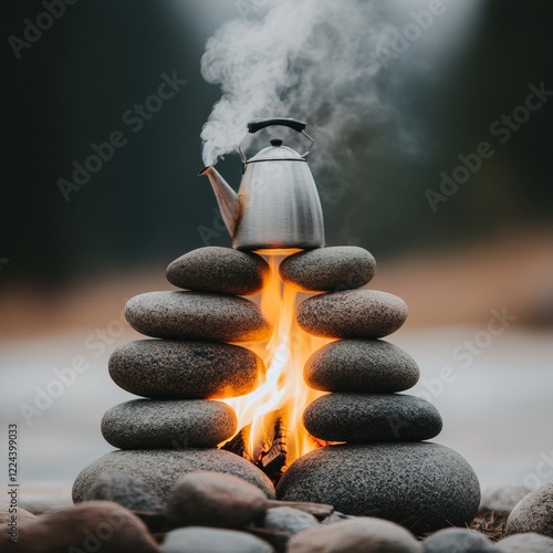 Sun-Kissed Eco-Tourism Campfire Stainless Steel Kettle on Stone Stack - Sustainable Adventure and Rustic Retreat Marketing for Modern Nature Enthusiasts photo