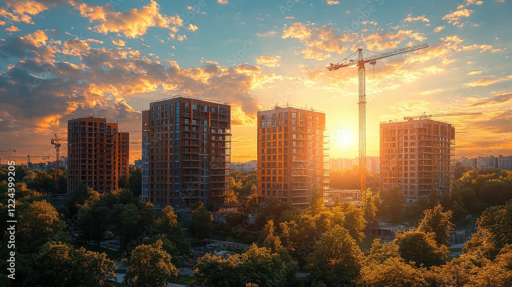 Obraz premium Brightly lit residential complex under construction surrounded by cranes against blue sky