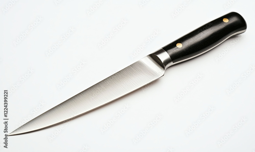 Fototapeta premium Sharp kitchen knife with black handle on white background for culinary use