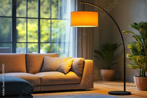 Modern arc floor lamp illuminating cozy living room with sofa and plants photo