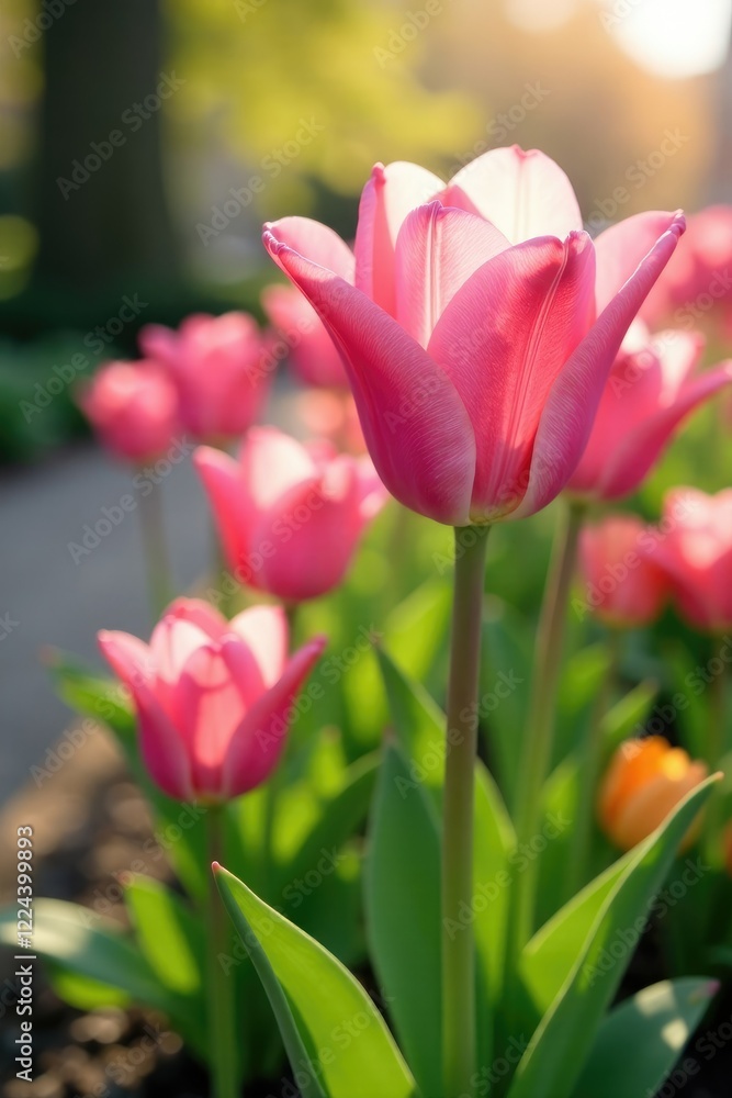Delicate pink tulips sway gently in the spring breeze, blossoms, blooming, garden Delicate pink tulips sway gently in the spring breeze, blossoms, blooming, garden