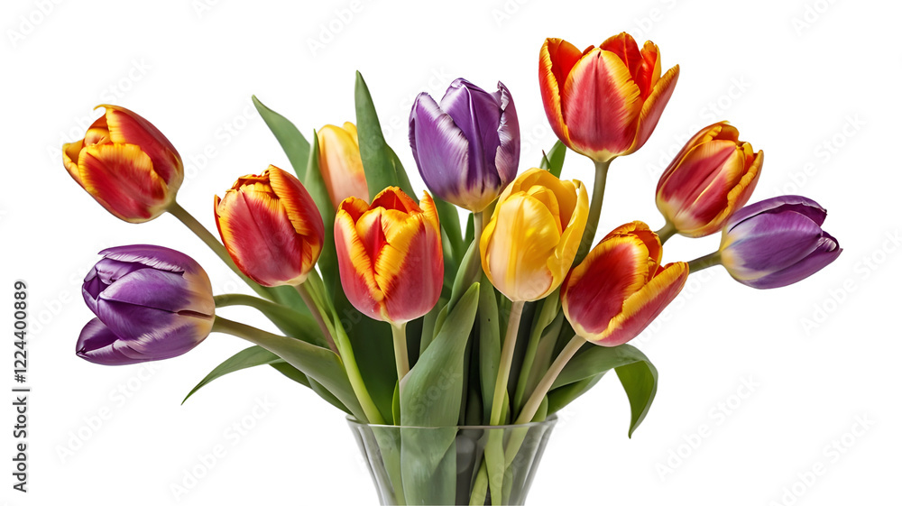 colorful tulip bouquet in a glass vase on white, transparent background png colorful tulip bouquet in a glass vase on white, transparent background png