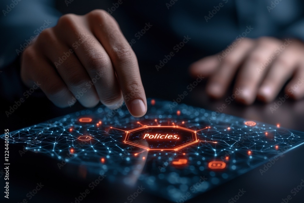 Naklejka premium Hand Interacting with Digital Network Concept Highlighting Policies and Technology in a Modern Setting