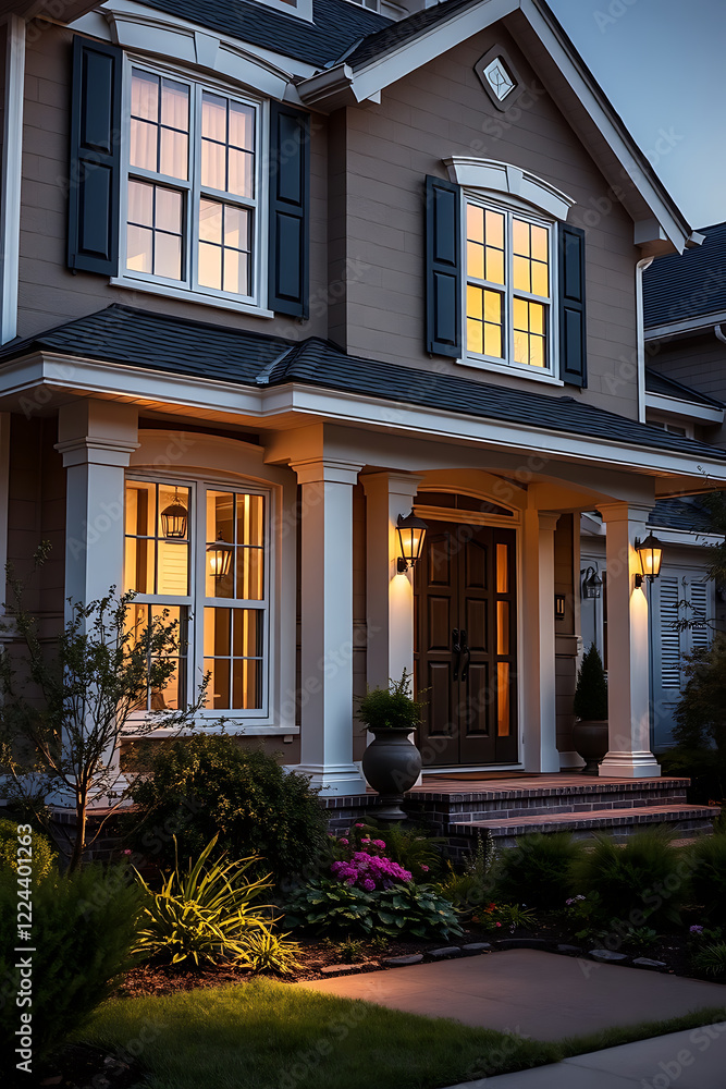 Fototapeta premium Illuminated Suburban Home at Dusk: Captivating Architectural Design and Landscaping