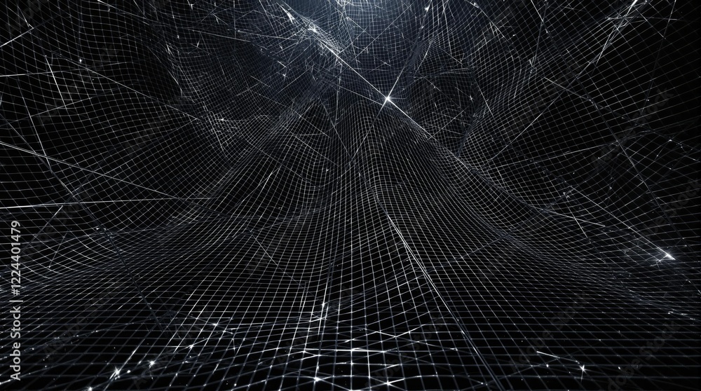 Naklejka premium Geometric pattern of metal mesh on a dark abstract background, metal mesh, modern architecture, industrial elements