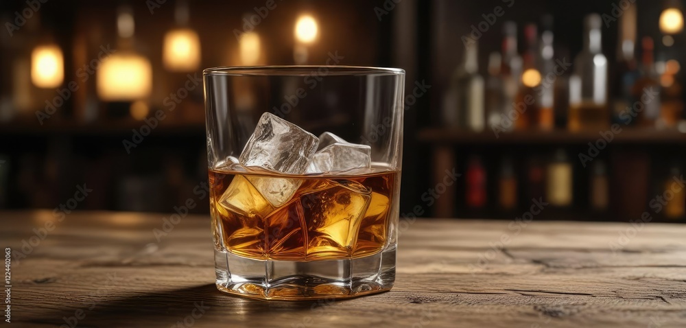 Glass of whiskey with ice cubes on rustic wooden table in dimly lit bar, night out, whiskey, wooden table, ice cubes, relaxation