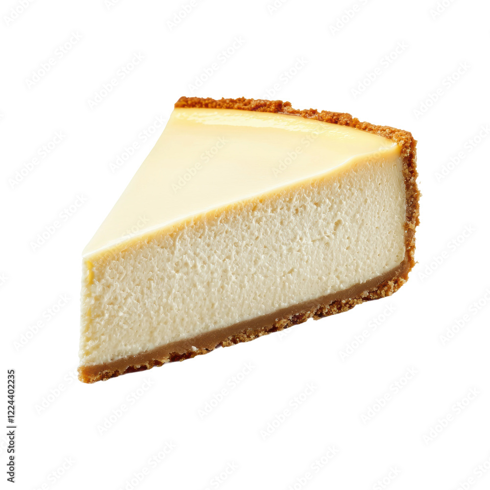 Freshly Baked Slice of Smooth Cheesecake on White Background Freshly Baked Slice of Smooth Cheesecake on White Background