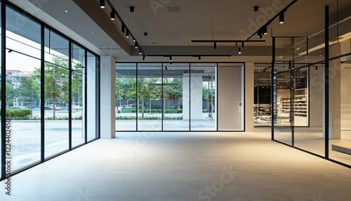 vacant contemporary retail store with a stylish glass shop window, highlighting the open layout and minimalist design of the interior space