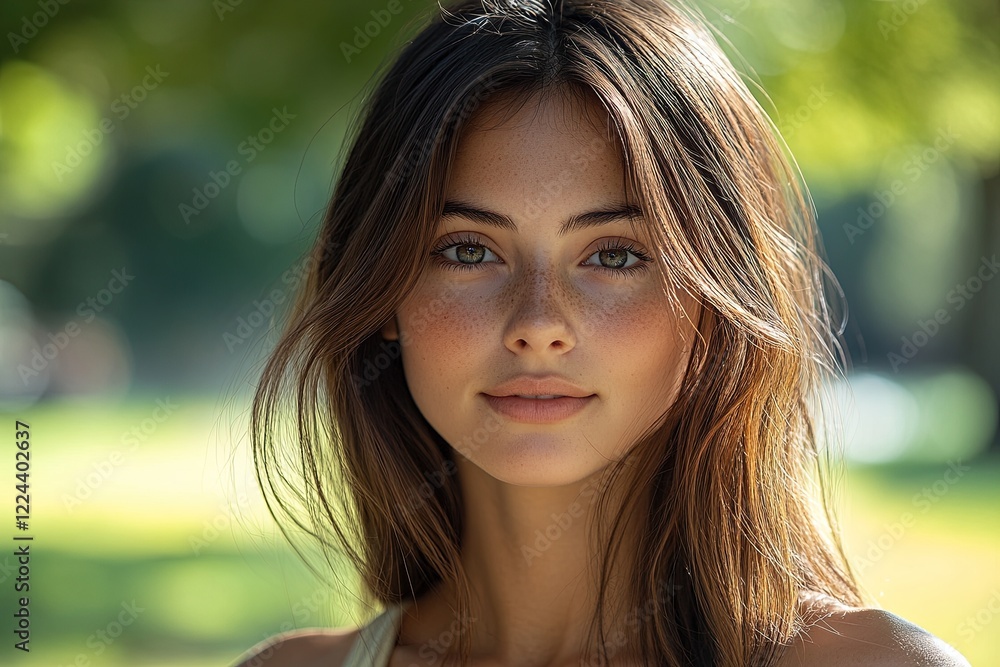 Young woman with long hair smiles softly in a sunlit park, surrounded by lush greenery and a serene atmosphere Young woman with long hair smiles softly in a sunlit park, surrounded by lush greenery and a serene atmosphere
