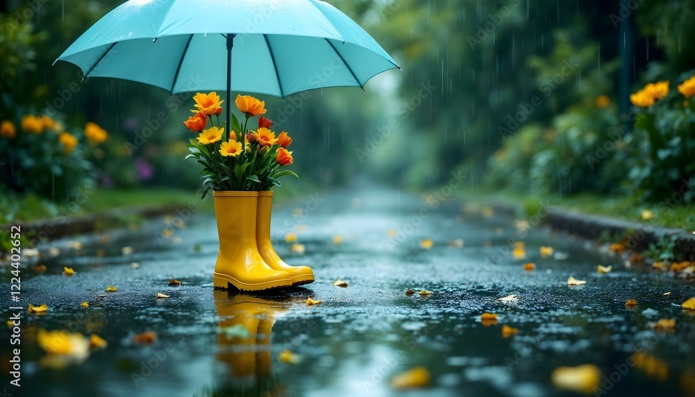 A blue umbrella and yellow rubber boots on a rainy day, representing the playful spirit of spring's April showers A blue umbrella and yellow rubber boots on a rainy day, representing the playful spirit of spring's April showers