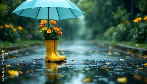 A blue umbrella and yellow rubber boots on a rainy day, representing the playful spirit of spring's April showers