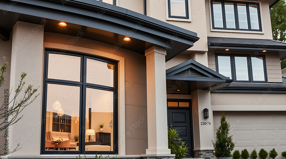 Fototapeta premium Modern House Exterior at Night: Luxury Home Design and Architecture. Contemporary Home Facade with Elegant Lighting and Stylish Windows.