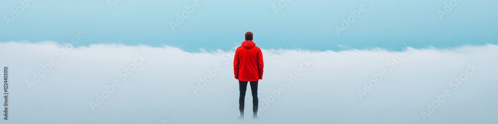 Minimalist Adventure Vibes Red Performance Jacket Amidst Cloudy Horizon - Extreme Exploration Gear and Resilience Apparel for Modern Outdoor Enthusiasts