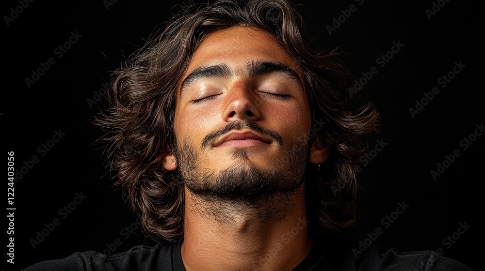Serene Young Man with Closed Eyes, Close-up Portrait in Dark Setting Serene Young Man with Closed Eyes, Close-up Portrait in Dark Setting